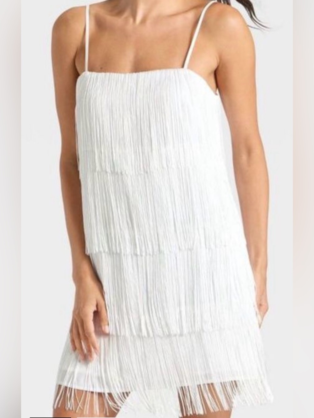 White Fringe Spaghetti Strap Mini Dress